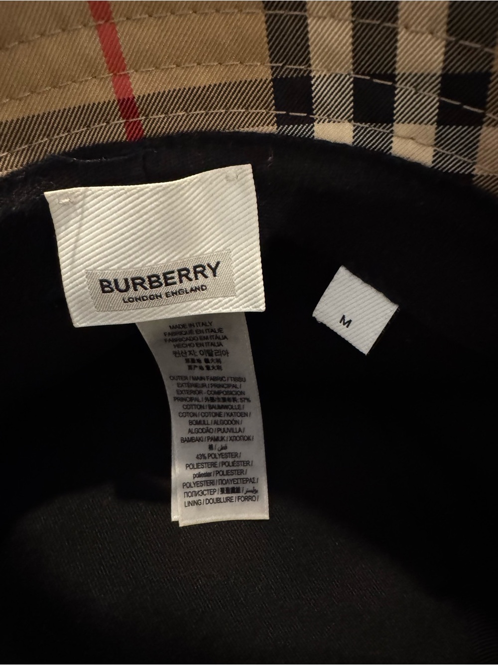 Burberry Tan Plaid Bucket Hat with Black & Red Accents - Picture 5 of 10